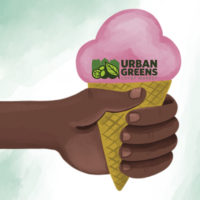 hand holding a strawberry ice cream scoop in a sugar cone.