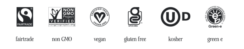 black and white logos of food certifications. 