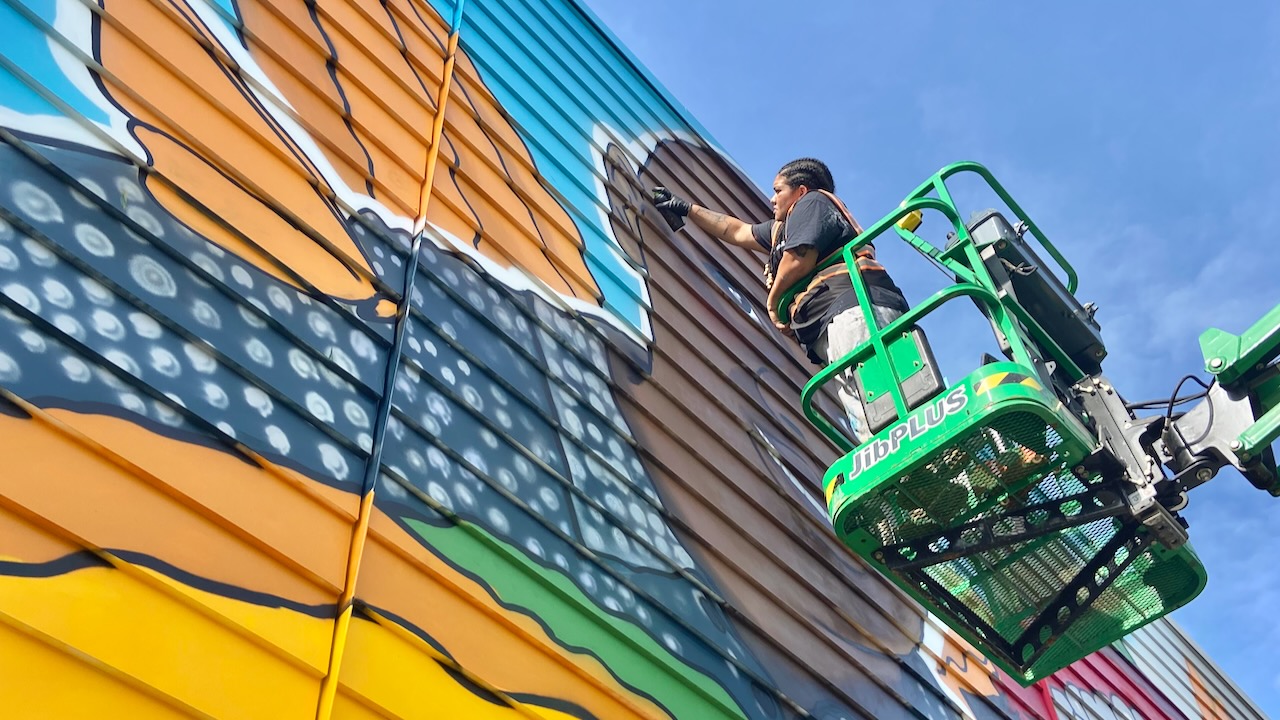 AGONZA painting her mural high up on a lift