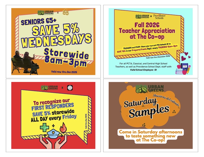 Savings! Wednesday for Senior Citizens, Thursday for Teachers and school staff, Fridays for First Responders. Saturdays Sampling.